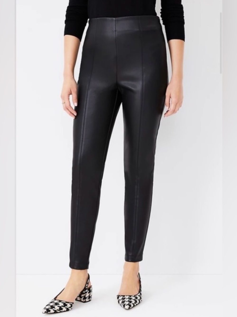 Ann Taylor Faux Leather High-Waist Seamed Front Black Slacks Pants Classic Sz M